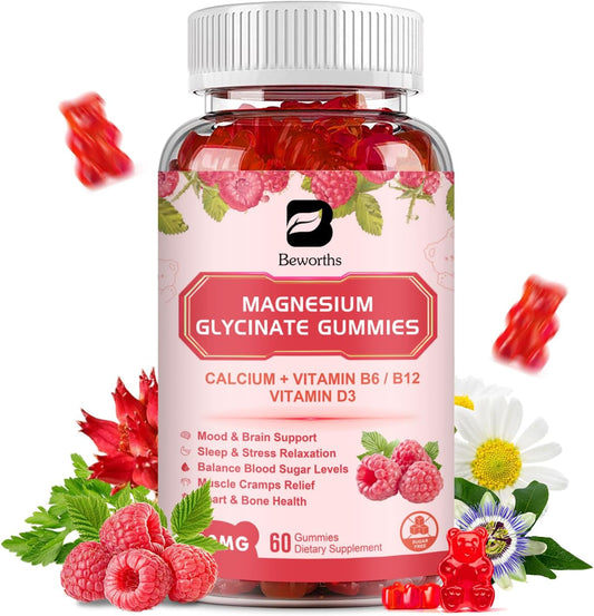 Vegan Magnesium Glycinate Gummies with 600mg Complex, Potassium & Raspberry Flavor - Supports Energy, Night & Joint Health - 60 Count