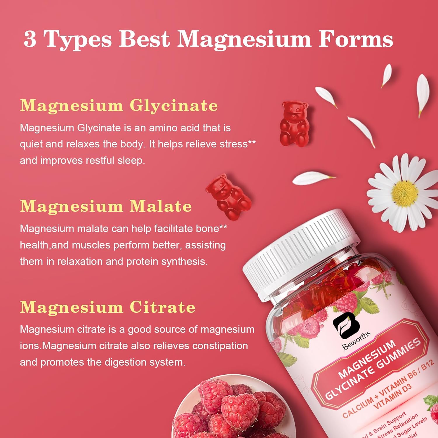 Vegan Magnesium Glycinate Gummies with 600mg Complex, Potassium & Raspberry Flavor - Supports Energy, Night & Joint Health - 60 Count