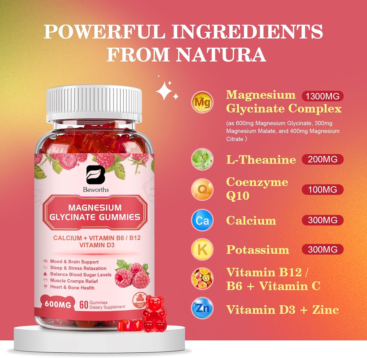 Vegan Magnesium Glycinate Gummies with 600mg Complex, Potassium & Raspberry Flavor - Supports Energy, Night & Joint Health - 60 Count