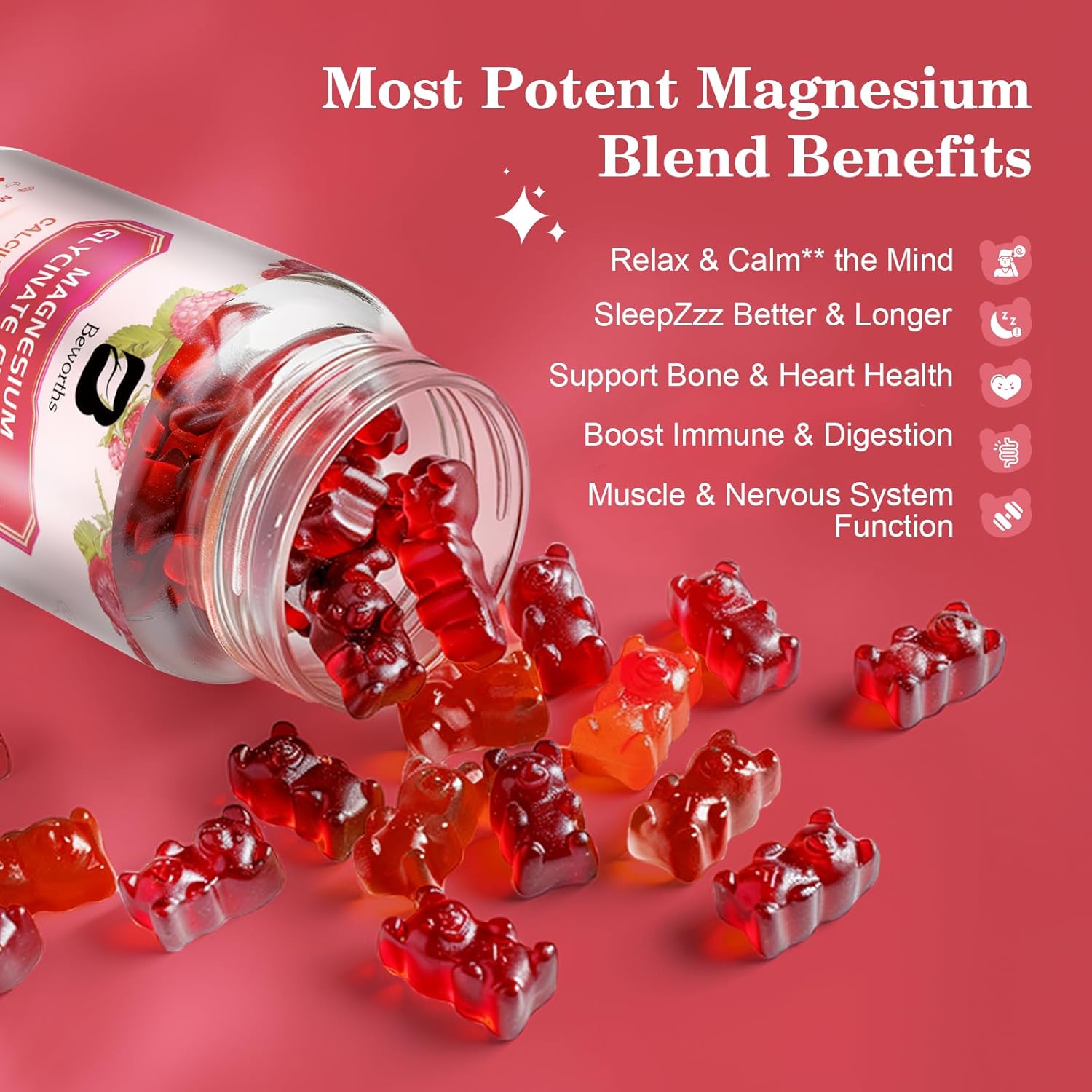 Vegan Magnesium Glycinate Gummies with 600mg Complex, Potassium & Raspberry Flavor - Supports Energy, Night & Joint Health - 60 Count