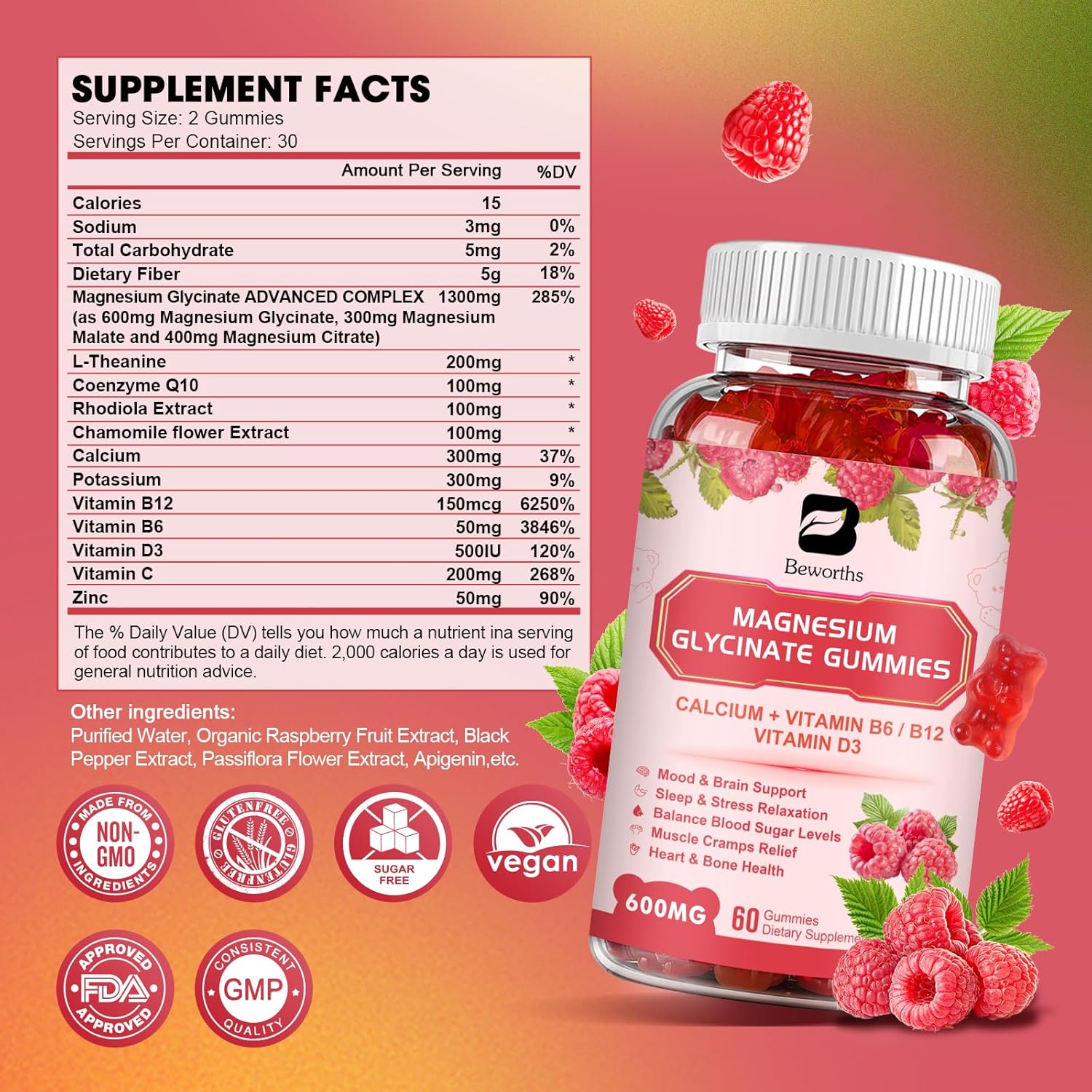 Vegan Magnesium Glycinate Gummies with 600mg Complex, Potassium & Raspberry Flavor - Supports Energy, Night & Joint Health - 60 Count