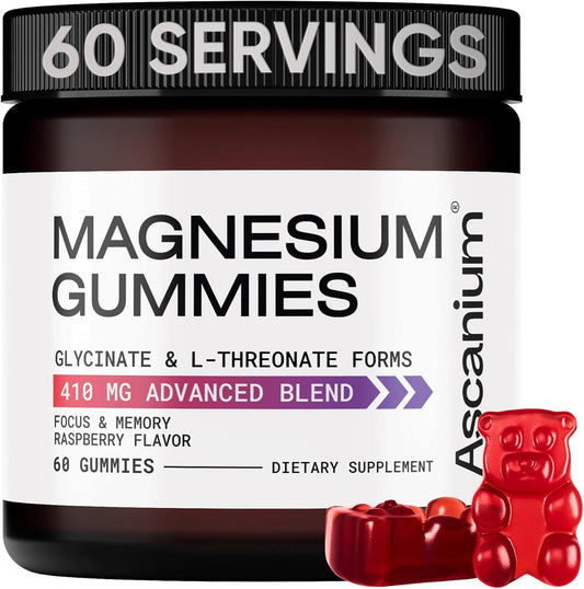 Vegan Magnesium Gummies with 410mg Elemental Magnesium Glycinate & L-Threonate - Supports Calm Mood, Muscles & Heart - Chewable Supplement 60 pcs