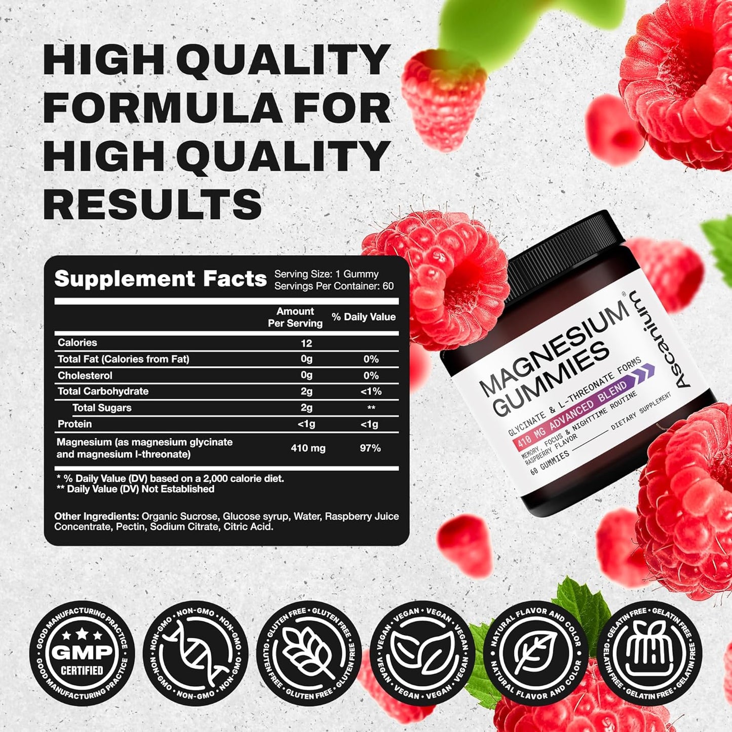 Vegan Magnesium Gummies with 410mg Elemental Magnesium Glycinate & L-Threonate - Supports Calm Mood, Muscles & Heart - Chewable Supplement 60 pcs
