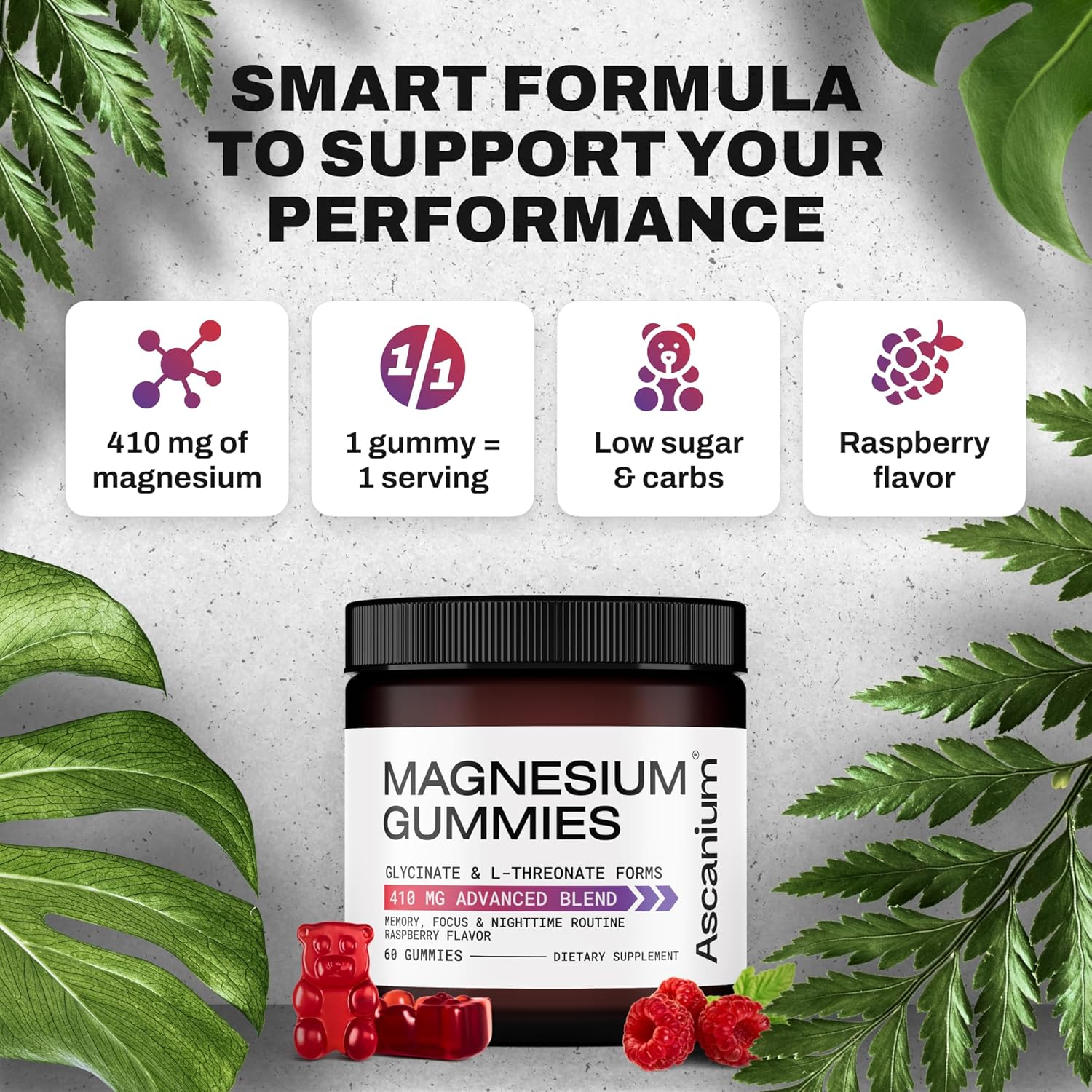 Vegan Magnesium Gummies with 410mg Elemental Magnesium Glycinate & L-Threonate - Supports Calm Mood, Muscles & Heart - Chewable Supplement 60 pcs