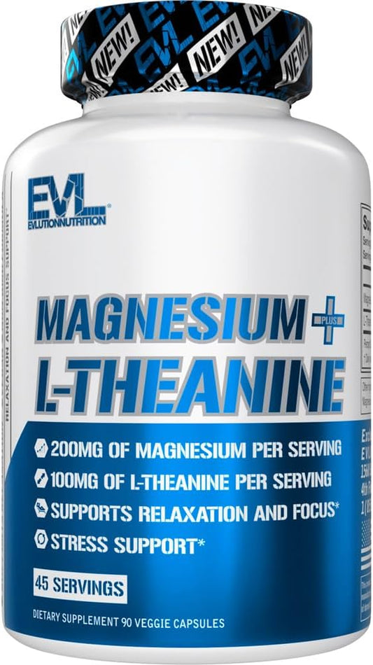 Vegan Magnesium + L-Theanine Supplement for Relaxation & Focus - 200mg + 100mg - Non-GMO - 90 Capsules