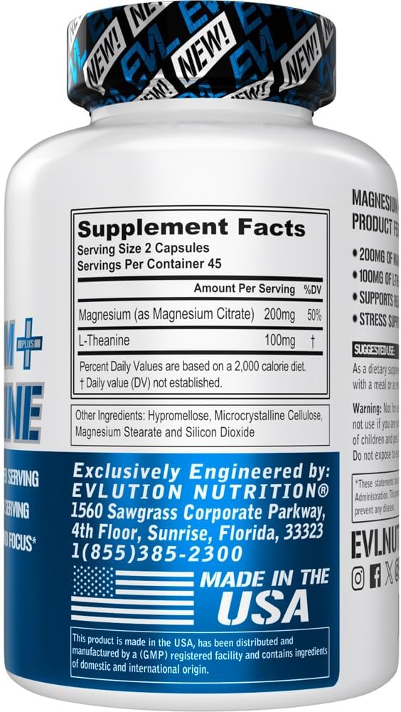 Vegan Magnesium + L-Theanine Supplement for Relaxation & Focus - 200mg + 100mg - Non-GMO - 90 Capsules