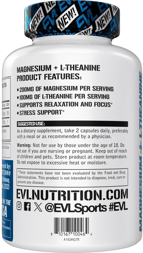 Vegan Magnesium + L-Theanine Supplement for Relaxation & Focus - 200mg + 100mg - Non-GMO - 90 Capsules