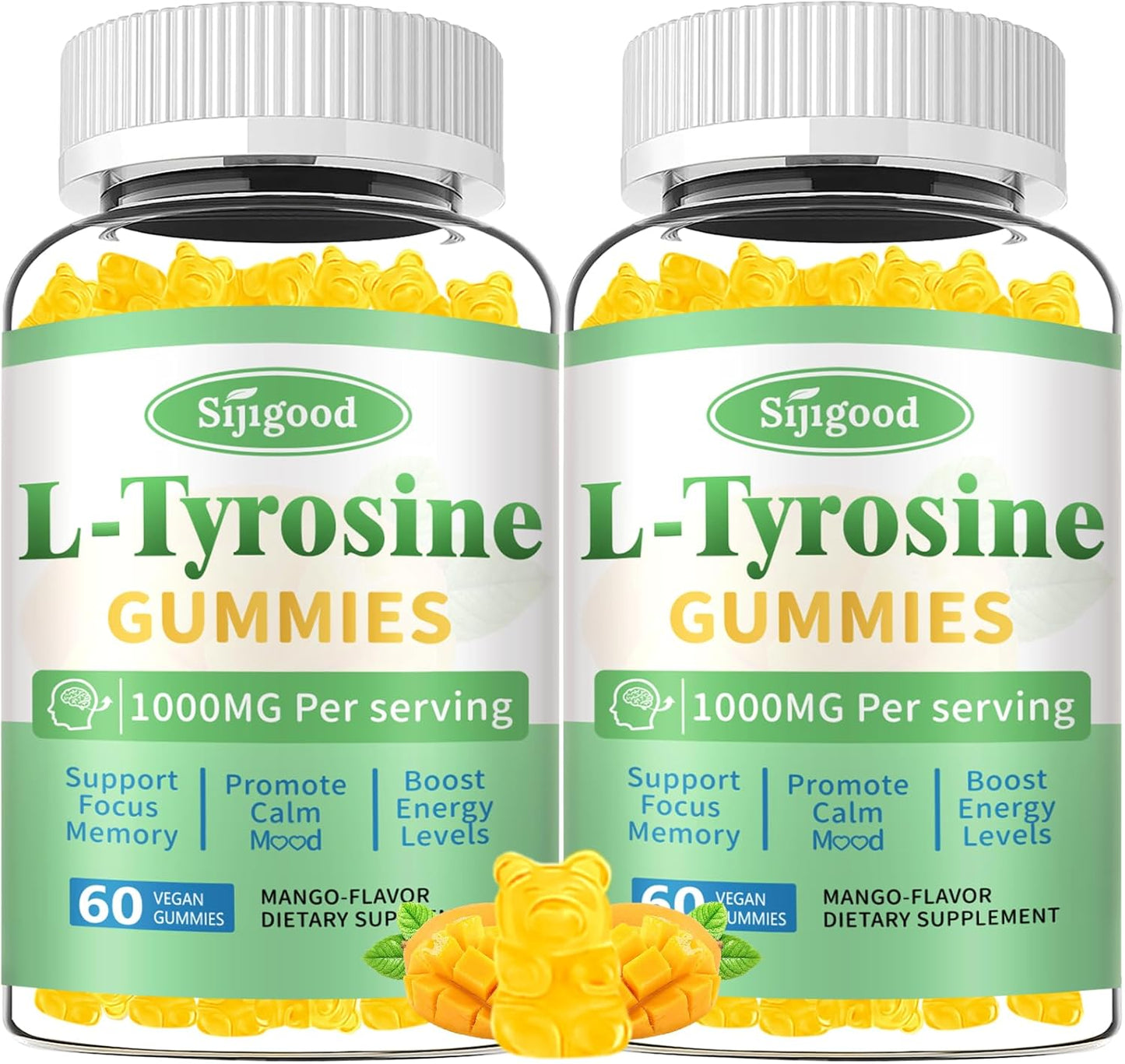 Vegan Mango L-Tyrosine Gummies 2-Pack for Brain, Mood, and Energy - 120 Count Gluten-Free Supplement for Adults and Kids