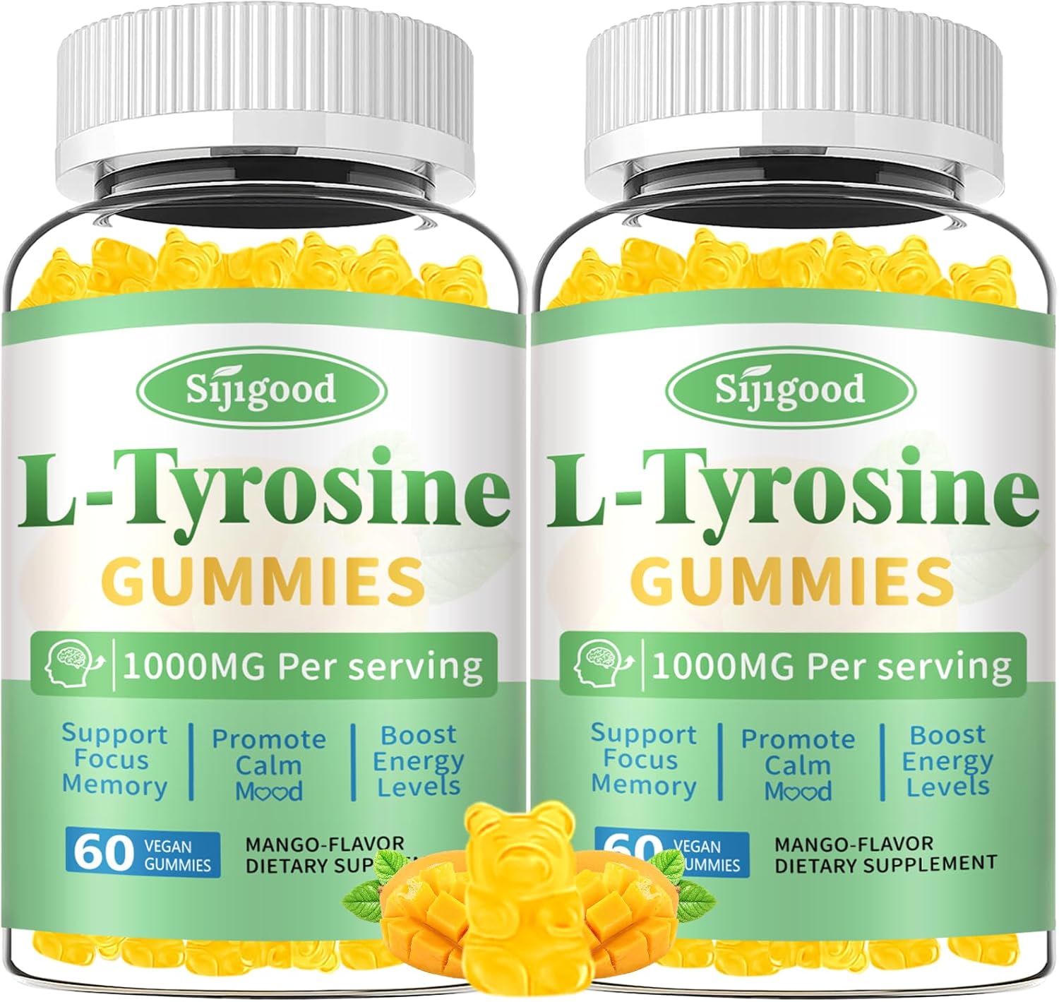 Vegan Mango L-Tyrosine Gummies 2-Pack for Brain, Mood, and Energy - 120 Count Gluten-Free Supplement for Adults and Kids