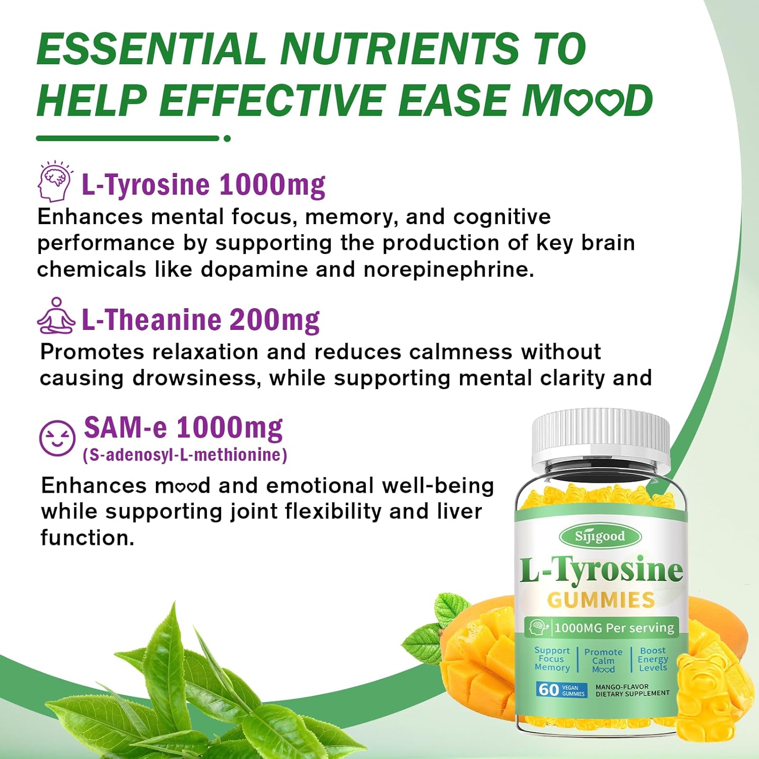 Vegan Mango L-Tyrosine Gummies 2-Pack for Brain, Mood, and Energy - 120 Count Gluten-Free Supplement for Adults and Kids