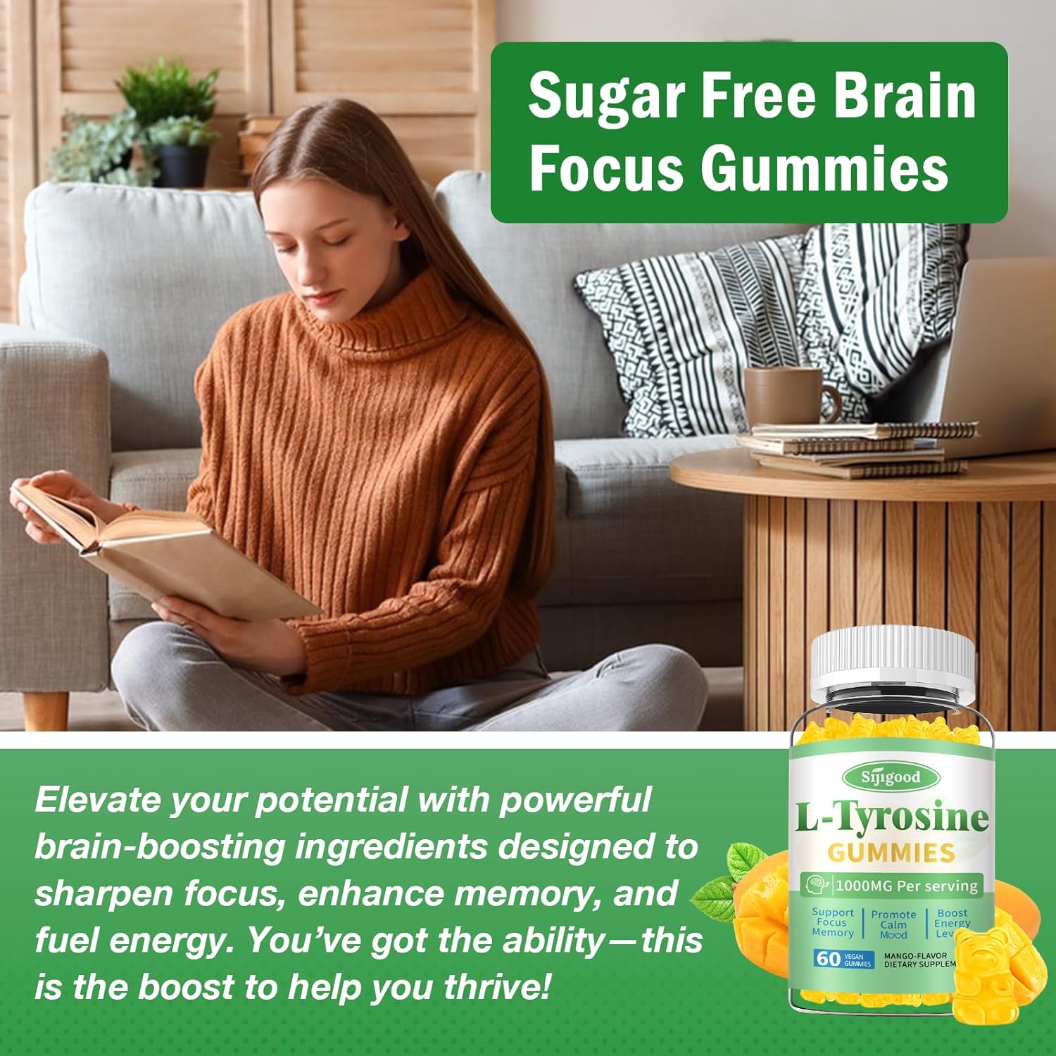 Vegan Mango L-Tyrosine Gummies 2-Pack for Brain, Mood, and Energy - 120 Count Gluten-Free Supplement for Adults and Kids