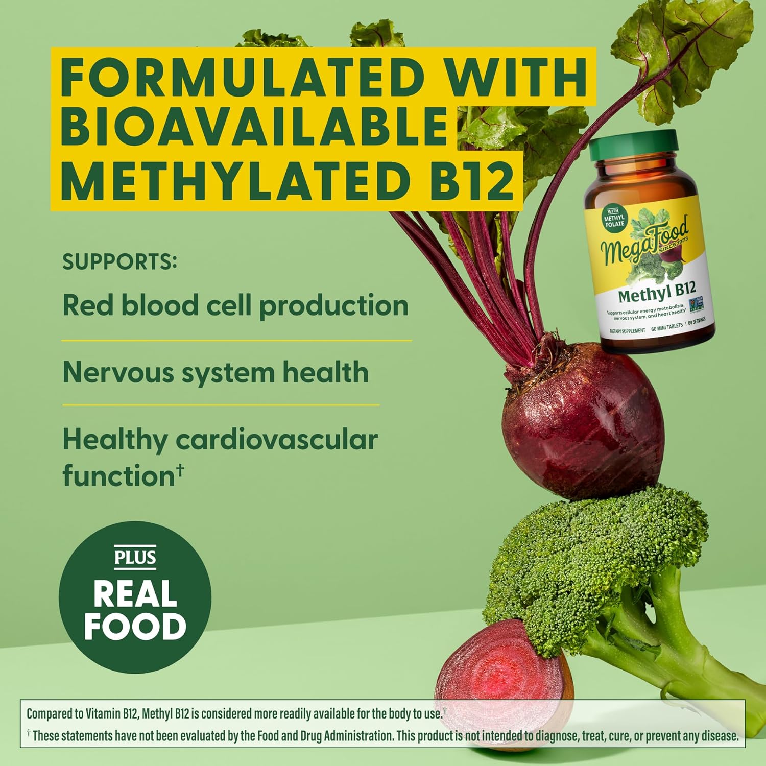 Vegan MegaFood Methyl B12 Tablets with Methyl Folate, Vitamin B6 - Supports Energy, Nervous System, Cardiovascular Health - 90 Count