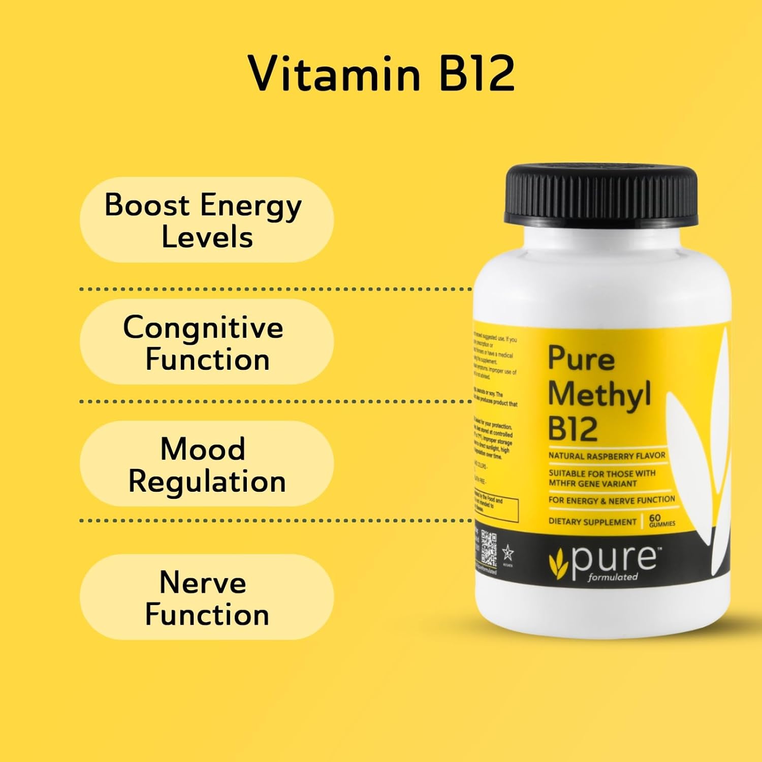 Vegan Methyl B12 Vitamin Gummies for Energy & Nerve Function - Gluten-Free & Dairy-Free - 60 Gummies 1500 mcg