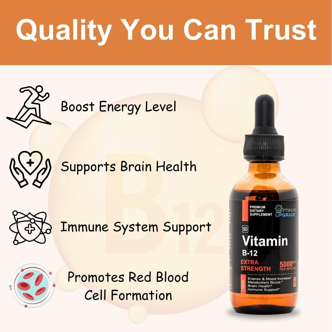 Vegan Methylcobalamin B12 Liquid Drops - 5000mcg Sublingual Vitamin for Energy & Metabolism - Fast Absorption - Non-GMO - 2 Oz Bottle