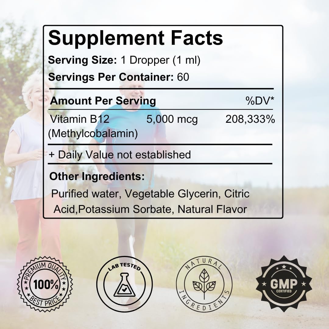 Vegan Methylcobalamin B12 Liquid Drops - 5000mcg Sublingual Vitamin for Energy & Metabolism - Fast Absorption - Non-GMO - 2 Oz Bottle