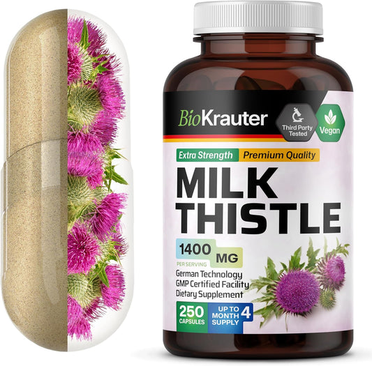 Vegan Milk Thistle Capsules 1400mg - 250 Count - Liver Detox & Cleanse Supplement - Non GMO Silymarin Capsules - Herbal Liver Support