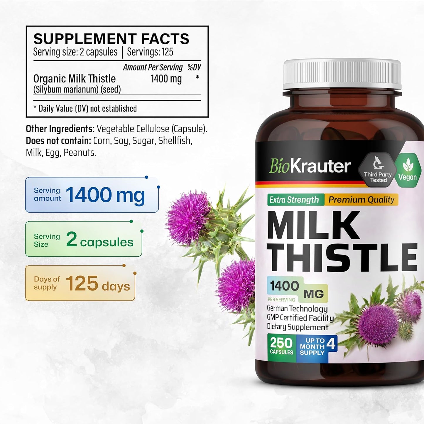 Vegan Milk Thistle Capsules 1400mg - 250 Count - Liver Detox & Cleanse Supplement - Non GMO Silymarin Capsules - Herbal Liver Support