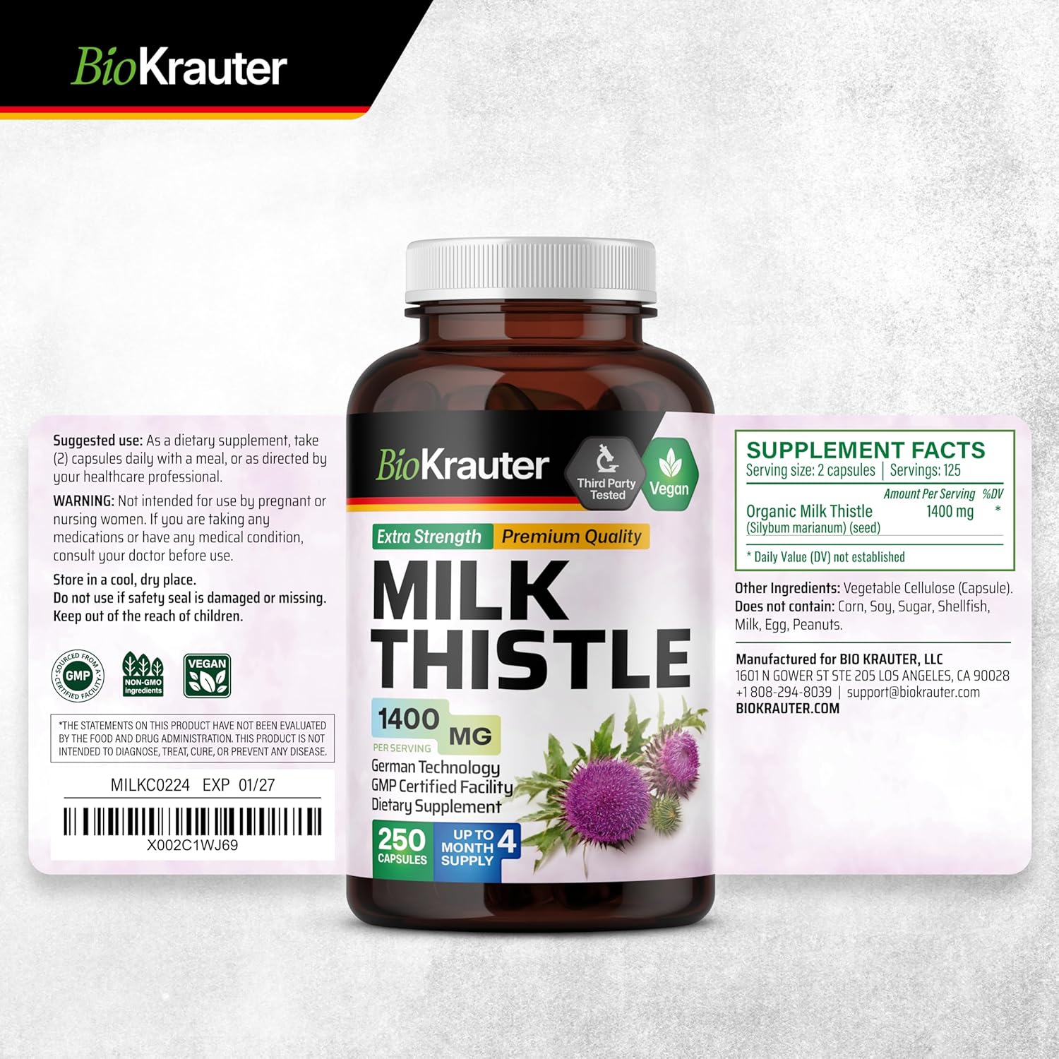 Vegan Milk Thistle Capsules 1400mg - 250 Count - Liver Detox & Cleanse Supplement - Non GMO Silymarin Capsules - Herbal Liver Support
