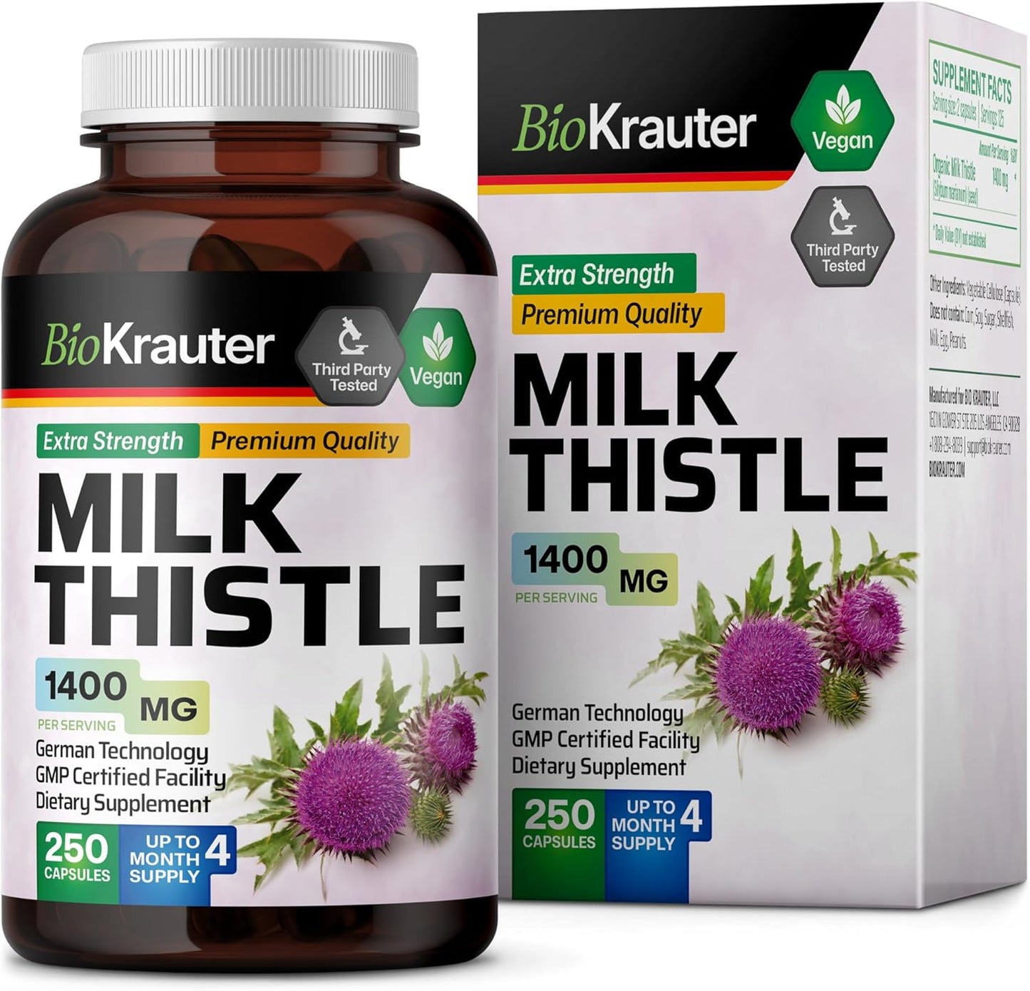 Vegan Milk Thistle Capsules 1400mg - 250 Count - Liver Detox & Cleanse Supplement - Non GMO Silymarin Capsules - Herbal Liver Support