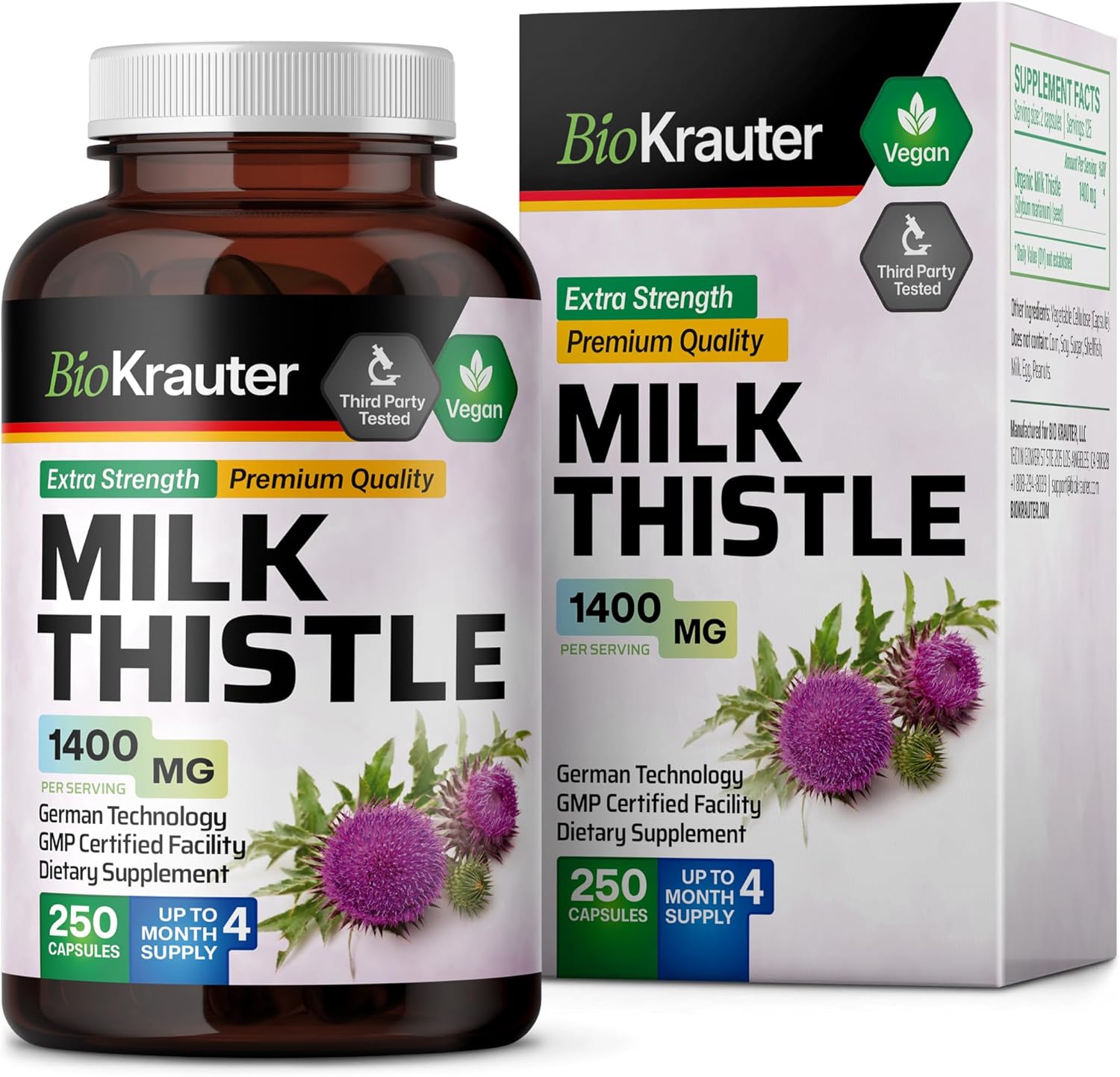 Vegan Milk Thistle Capsules 1400mg - 250 Count - Liver Detox & Cleanse Supplement - Non GMO Silymarin Capsules - Herbal Liver Support