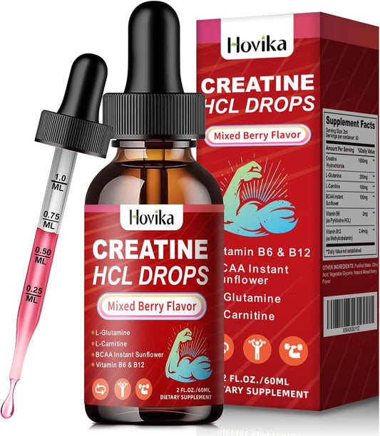 Vegan Mixed Berry Creatine HCL Liquid Drops with L-Carnitine, L-Glutamine, BCAA, Vitamin B12 & B6 for Muscle Growth & Recovery - 2 Fl Oz