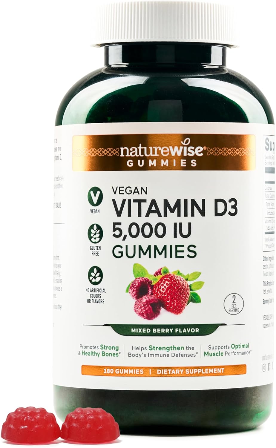 Vegan Mixed Berry Flavored Vitamin D3 Gummies - 5000 IU Immune Support for Adults - 180 Count - Gluten Free, Non-GMO - Muscle & Bone Strength
