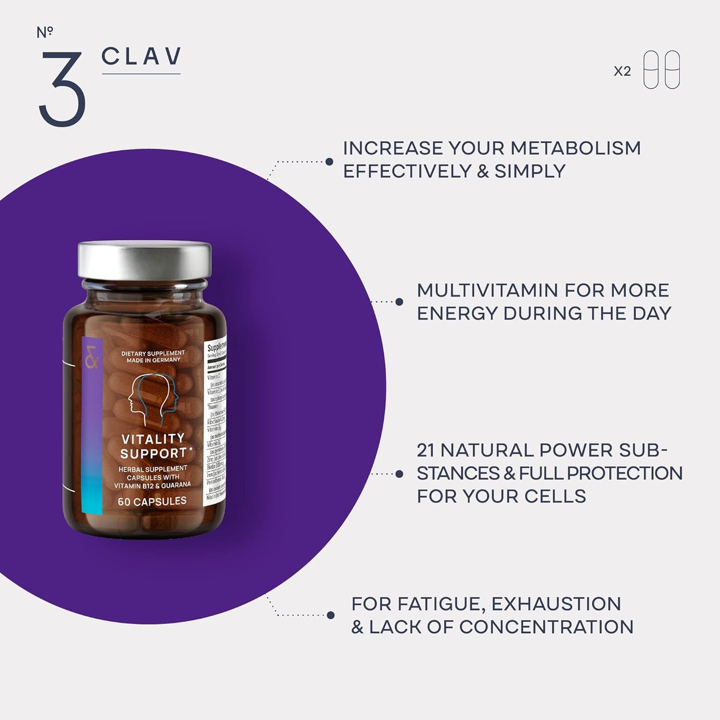 Vegan Multivitamin Capsules with Guarana, Ginseng, and Ginkgo Extract for Energy and Focus - 60 Capsules