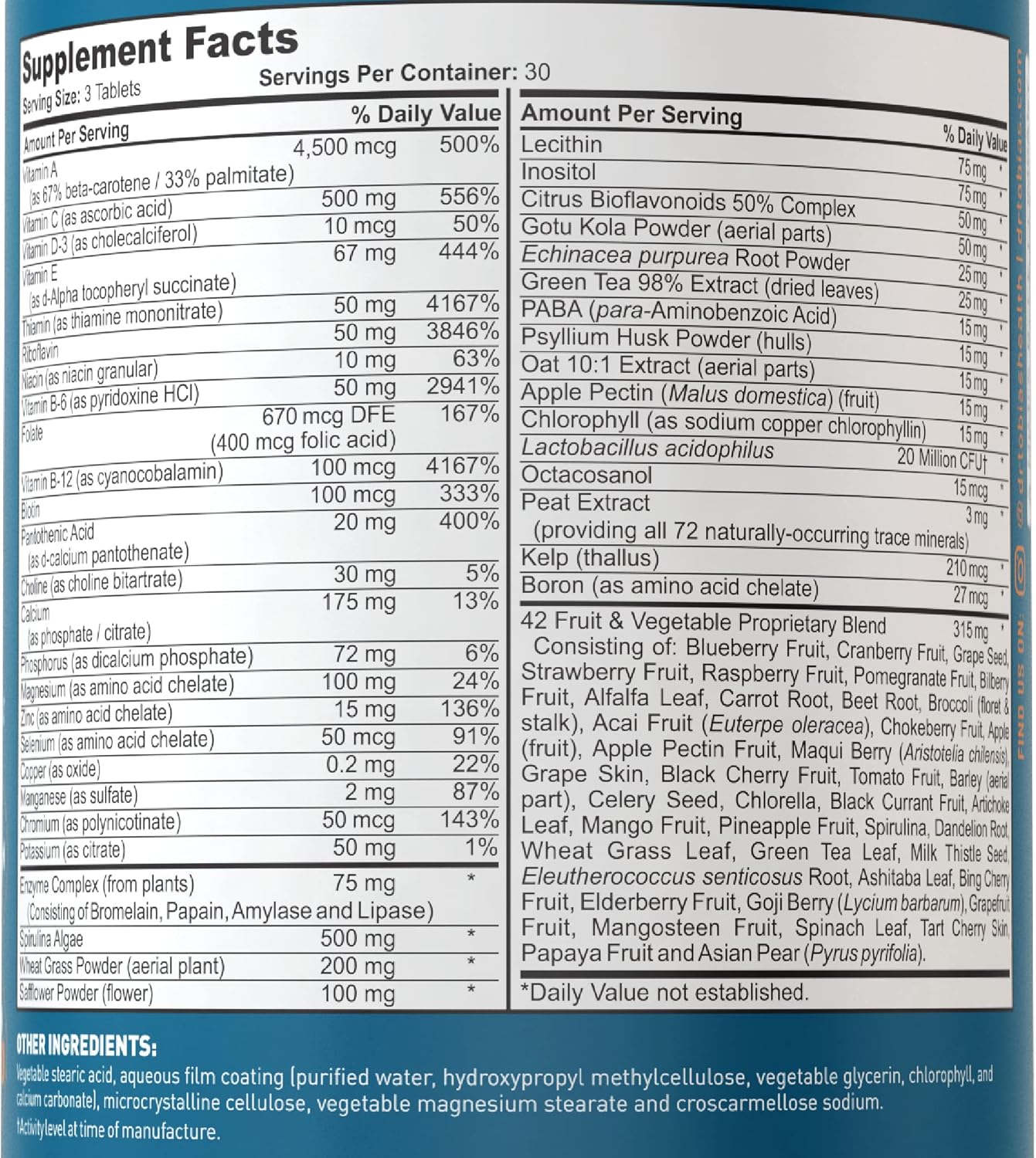 Vegan Multivitamin for Men & Women with Immune Support from 42 Fruits & Vegetables, Probiotics, Non-GMO - 180 Tablets