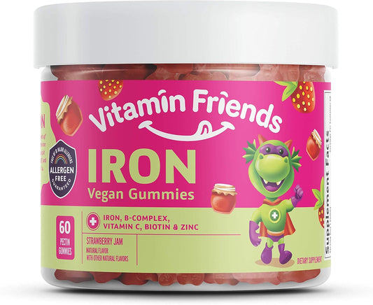 Vegan Multivitamin & Iron Gummies for Kids with B-Complex, Vitamin C, Zinc, Biotin - Daily Nutritional Support for Body Function & Anemia - Strawberry Flavor - 60 Day Supply