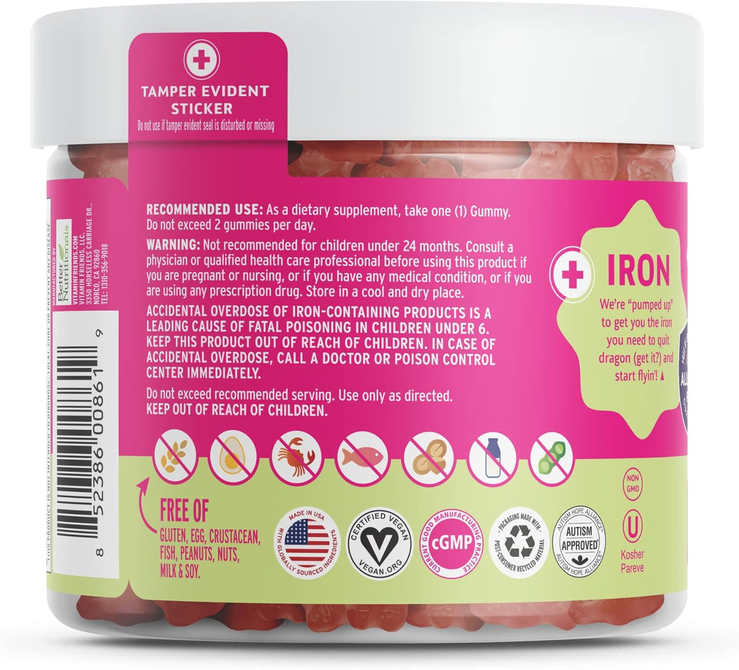 Vegan Multivitamin & Iron Gummies for Kids with B-Complex, Vitamin C, Zinc, Biotin - Daily Nutritional Support for Body Function & Anemia - Strawberry Flavor - 60 Day Supply