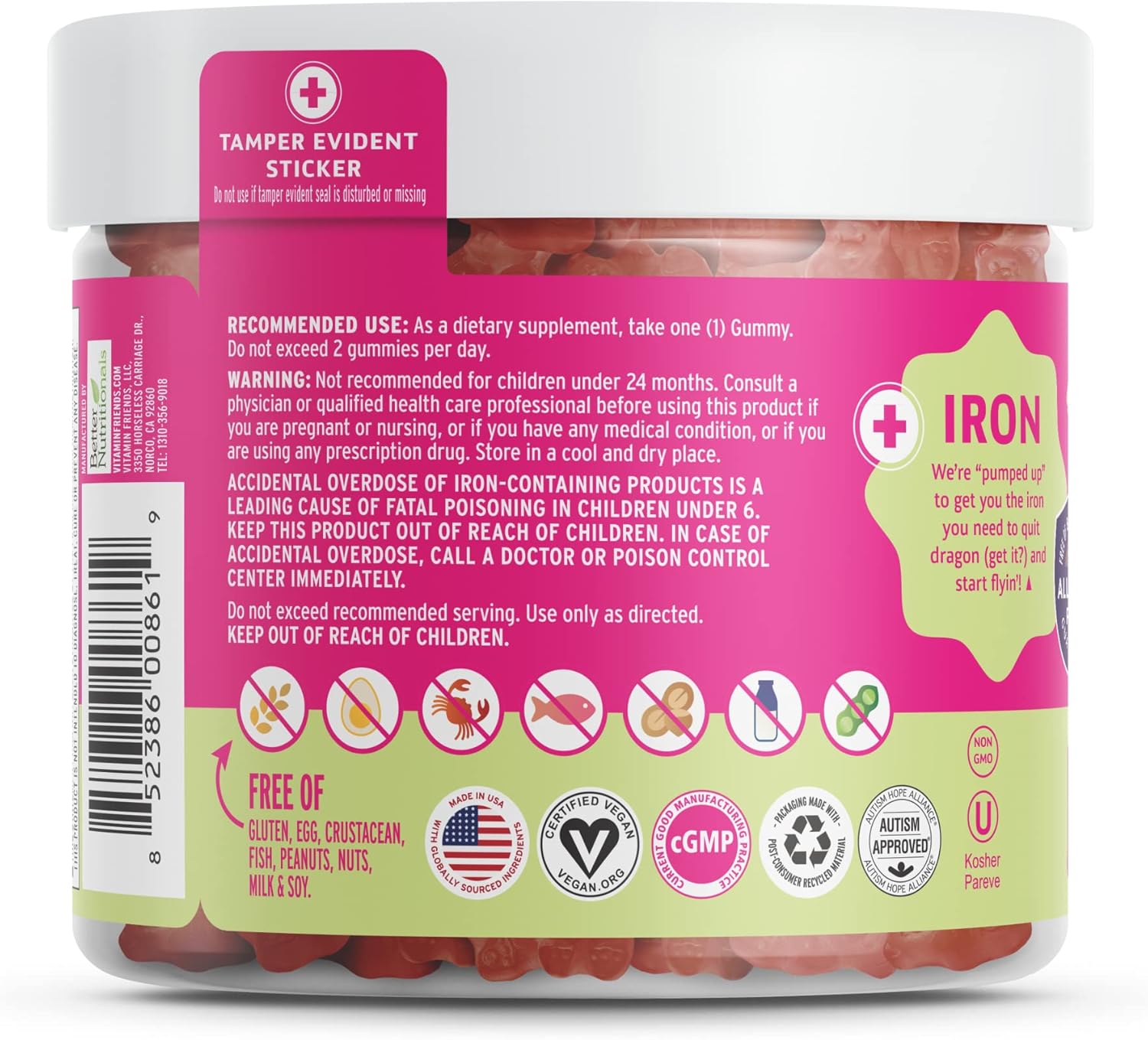 Vegan Multivitamin & Iron Gummies for Kids with B-Complex, Vitamin C, Zinc, Biotin - Daily Nutritional Support for Body Function & Anemia - Strawberry Flavor - 60 Day Supply