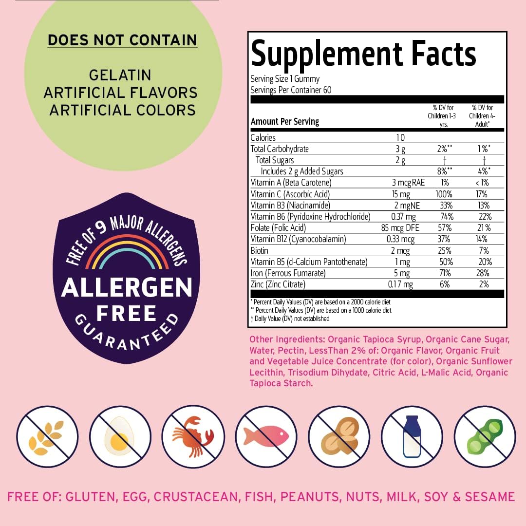 Vegan Multivitamin & Iron Gummies for Kids with B-Complex, Vitamin C, Zinc, Biotin - Daily Nutritional Support for Body Function & Anemia - Strawberry Flavor - 60 Day Supply