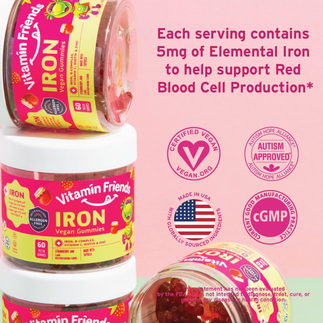 Vegan Multivitamin & Iron Gummies for Kids with B-Complex, Vitamin C, Zinc, Biotin - Daily Nutritional Support for Body Function & Anemia - Strawberry Flavor - 60 Day Supply