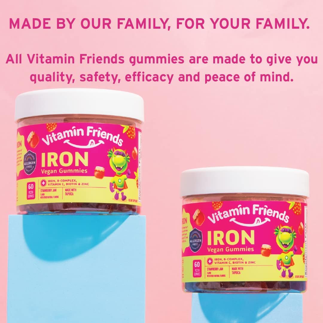 Vegan Multivitamin & Iron Gummies for Kids with B-Complex, Vitamin C, Zinc, Biotin - Daily Nutritional Support for Body Function & Anemia - Strawberry Flavor - 60 Day Supply