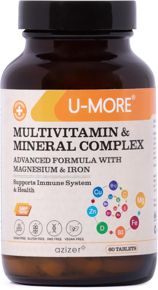 Vegan Multivitamin & Mineral Complex with Calcium, Magnesium, Vitamin A, B, C, D, Iron, Zinc - 60 Tablets for Immune Support & Overall Health