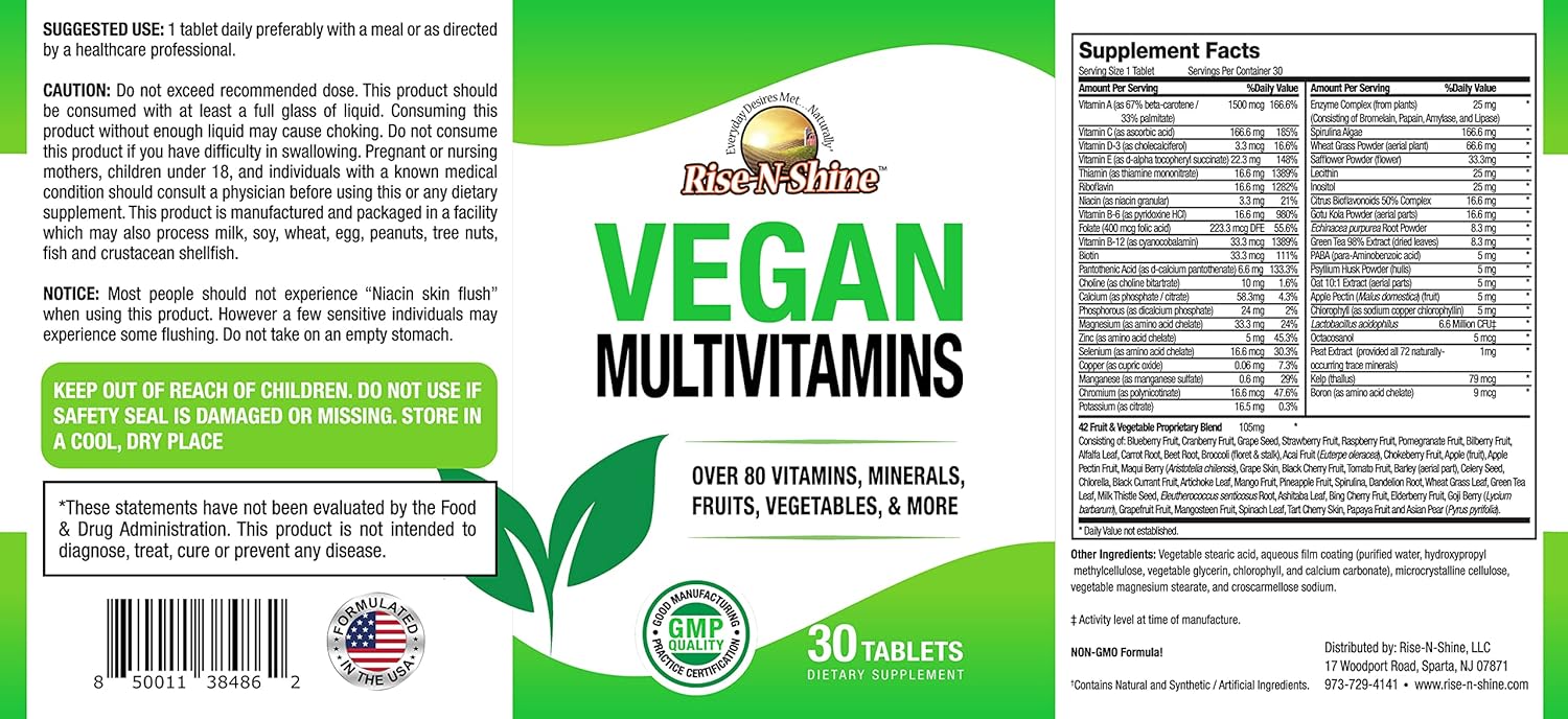 Vegan MultiVitamins Complete Daily Supplement for Men and Women - Over 80 Vitamins, Minerals, Fruits, Vegetables - 30 Count