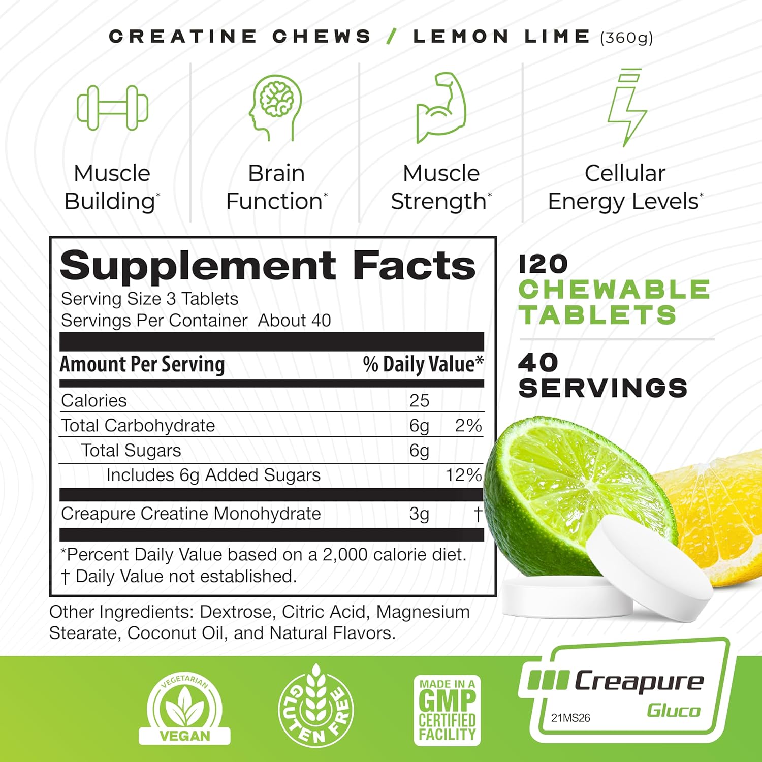 Vegan Muscle Feast Creapure Creatine Monohydrate Chews, Lemon Lime Flavor, 120 Tablets