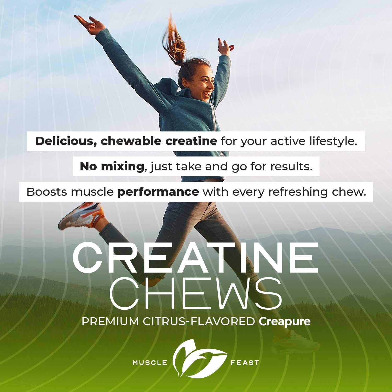 Vegan Muscle Feast Creapure Creatine Monohydrate Chews, Lemon Lime Flavor, 120 Tablets