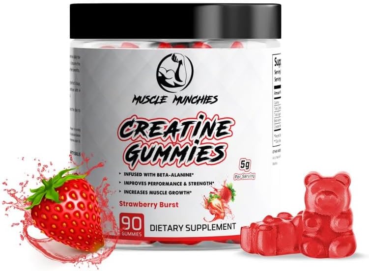 Vegan Muscle Munchies Creatine Monohydrate Gummies with Beta Alanine - 5g Creatine for Strength, Growth & Endurance - NonGMO Chewable Supplement for Men & Women (Strawberry Burst)