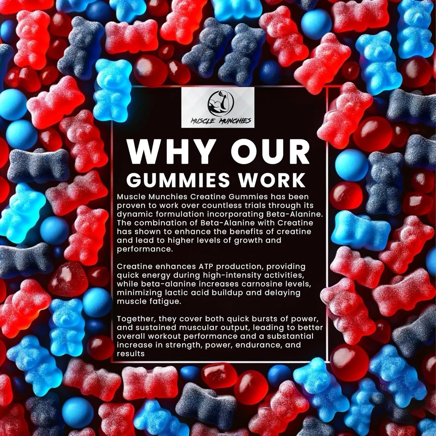 Vegan Muscle Munchies Creatine Monohydrate Gummies with Beta Alanine - 5g Creatine for Strength, Growth & Endurance - NonGMO Chewable Supplement for Men & Women (Strawberry Burst)
