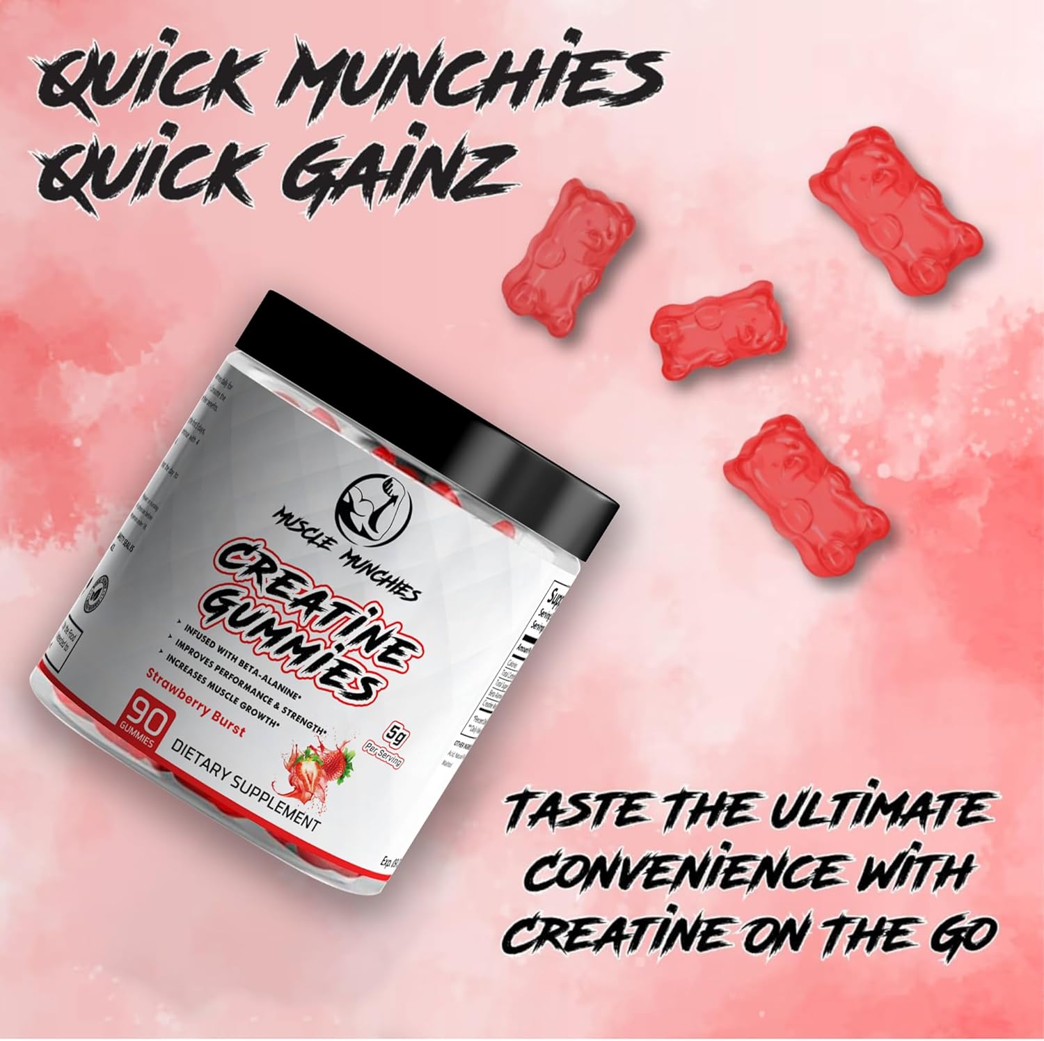 Vegan Muscle Munchies Creatine Monohydrate Gummies with Beta Alanine - 5g Creatine for Strength, Growth & Endurance - NonGMO Chewable Supplement for Men & Women (Strawberry Burst)