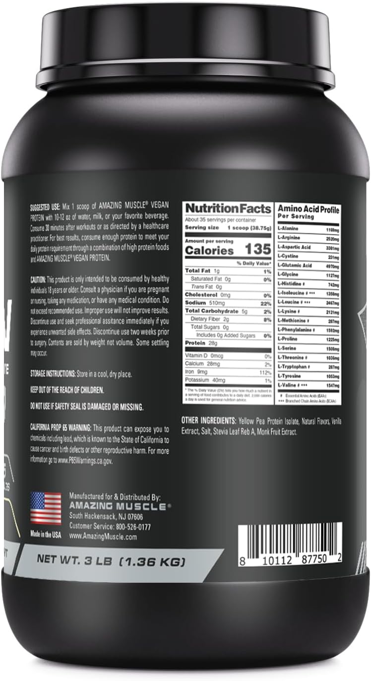 Vegan Muscle Protein Powder | 28g Protein | 34 Servings | No Sugar | Pea Protein Isolate | USA Made (3 Lb, Vanilla)