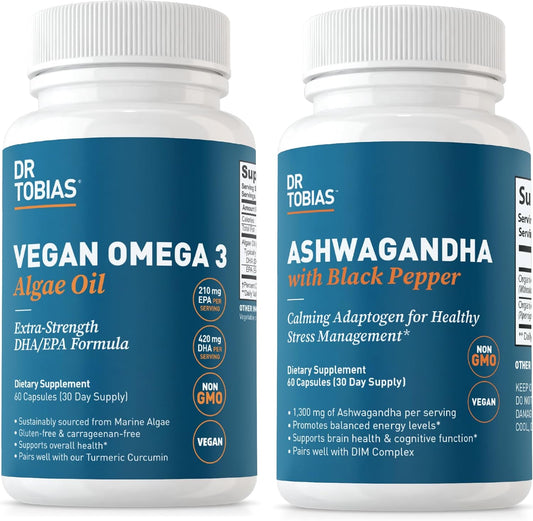 Vegan Omega 3 Algae Oil and Ashwagandha Capsules for Resilience, Immune Health, Wellness - Non-GMO Vegan Formula