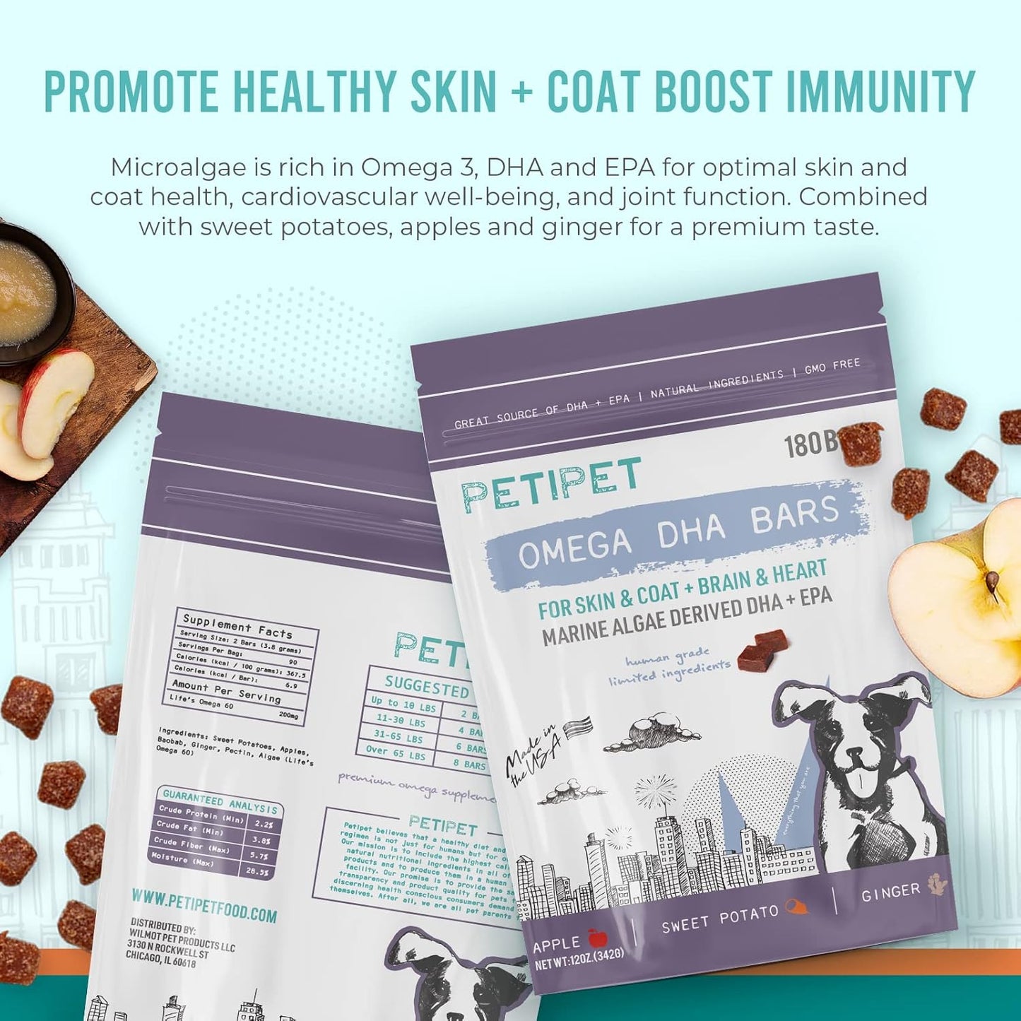 Vegan Omega 3 Chew Treats for Dogs - Itchy Skin Relief, Coat Health, Joint Support - Natural Supplement for Dogs