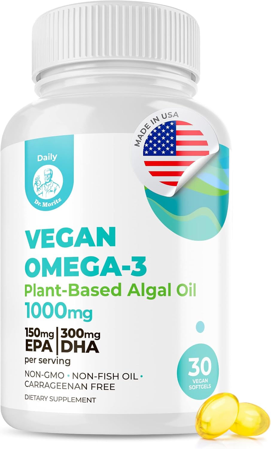 Vegan Omega-3 DHA & EPA Supplement - Algae Oil 1000mg - Heart, Brain, Joint, Immune Support - 30 Count Pack