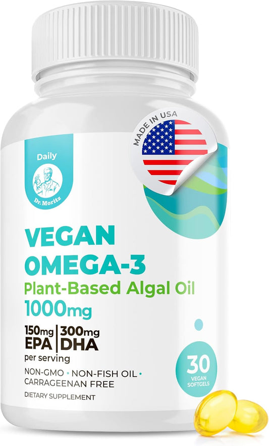 Vegan Omega-3 DHA & EPA Supplement - Algae Oil 1000mg - Heart, Brain, Joint, Immune Support - 30 Count Pack