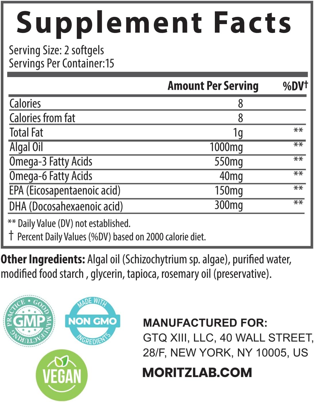 Vegan Omega-3 DHA & EPA Supplement - Algae Oil 1000mg - Heart, Brain, Joint, Immune Support - 30 Count Pack