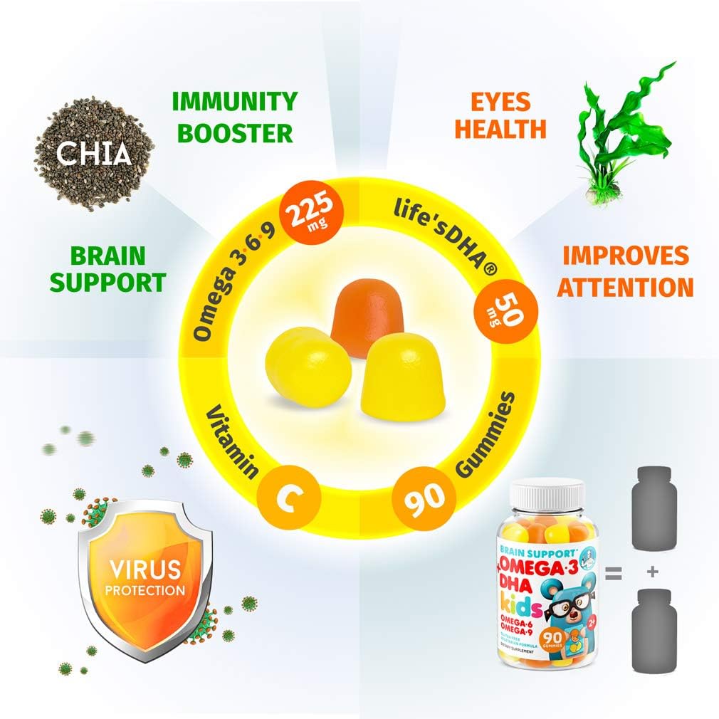 Vegan Omega 3 Gummies for Kids and Toddlers - Brain and Heart Health Support (90 Count), Fish Oil Free