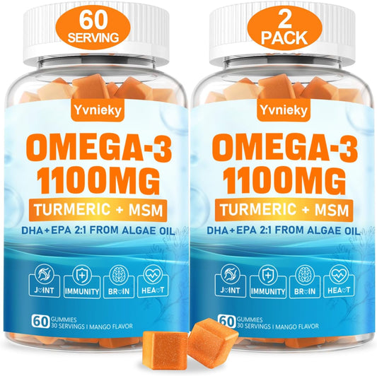 Vegan Omega 3 Gummies with DHA, EPA, Turmeric, Vitamins for Adults - 1100mg - Yvnieky