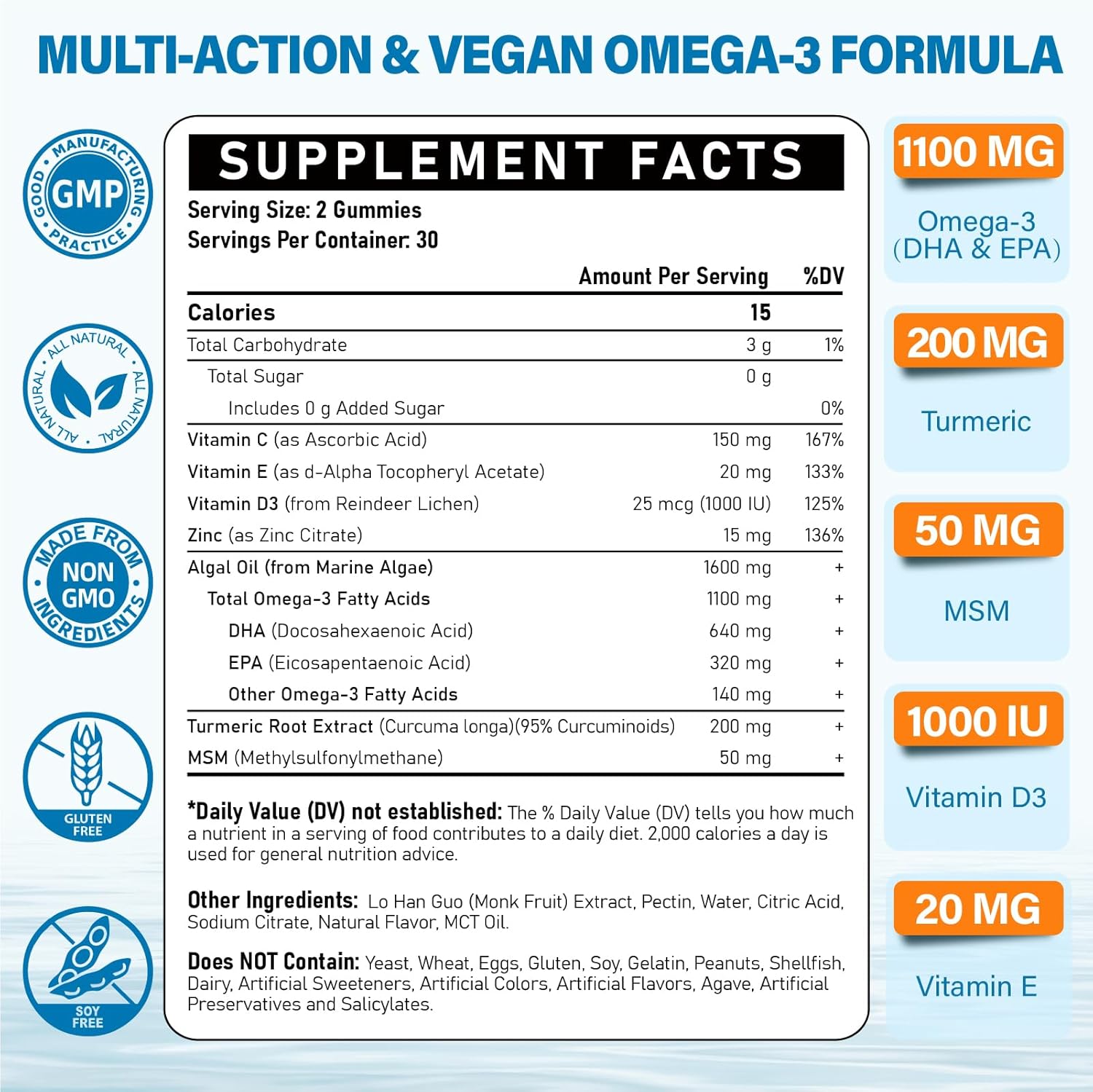Vegan Omega 3 Gummies with DHA, EPA, Turmeric, Vitamins for Adults - 1100mg - Yvnieky